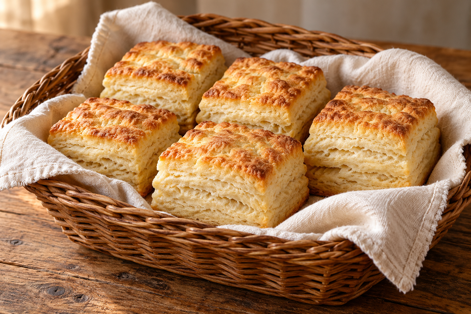 Golden square buttermilk biscuits in a linen-lined wicker basket